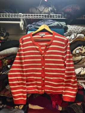 J.Crew Emilie Red & White Striped Cardigan Sweater Gold Buttons Women’s Large